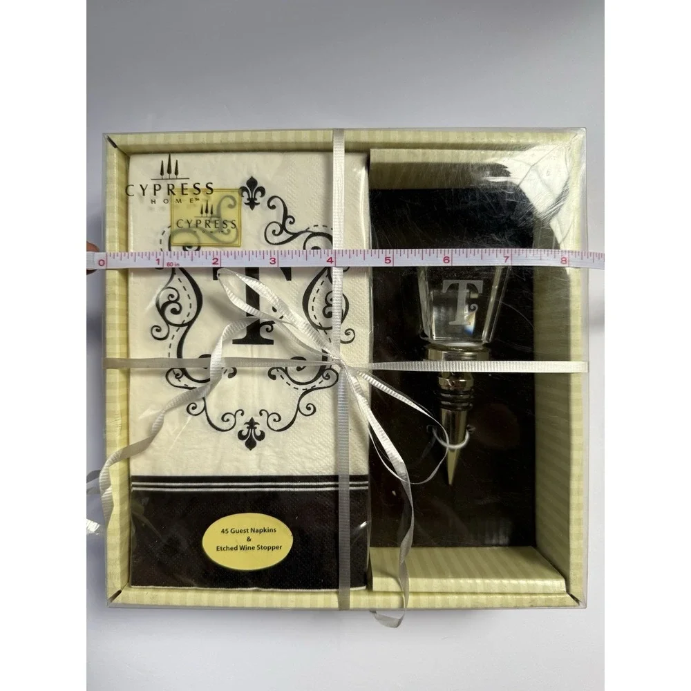 Cypress Home Monogram T Etched Wine Stopper & 45 Guest Napkins Gift Box ZBP18171